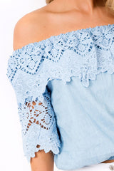 Light Denim Bardot Crochet Top - Carley-Tops