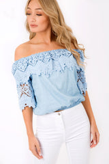 Light Denim Bardot Crochet Top - Carley-Tops