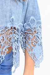 Light Denim Bardot Crochet Top - Liv-Tops