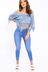 Light Denim Bardot Crochet Top - Liv-Tops