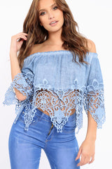 Light Denim Bardot Crochet Top - Liv-Tops