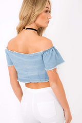 Light Denim Bardot Lace Up Crop Top - Rochella-Crop Tops
