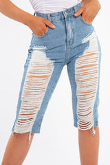 Light Denim Extreme Distressed Longline Shorts - Aaima-Shorts