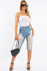 Light Denim Extreme Distressed Longline Shorts - Aaima-Shorts