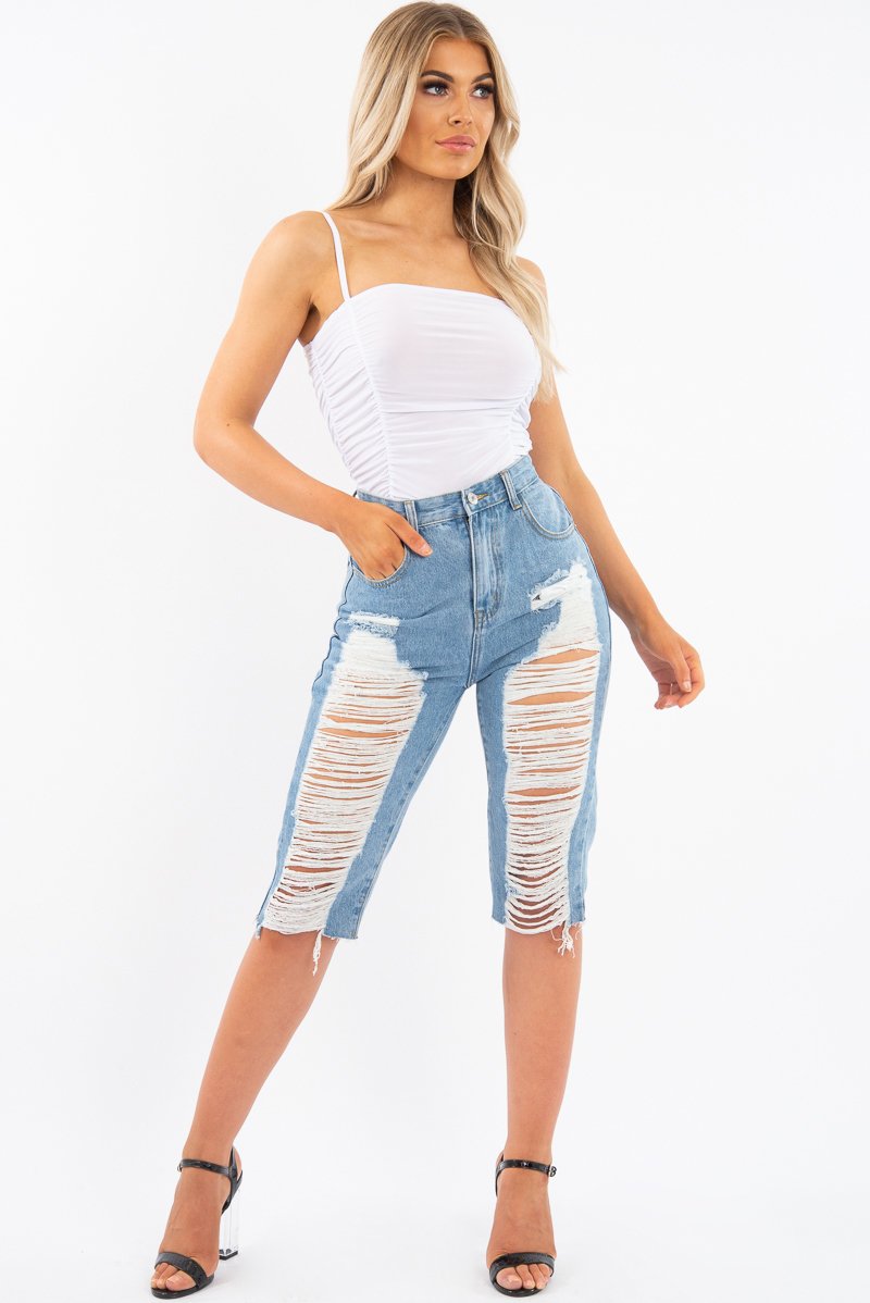 Light Denim Extreme Distressed Longline Shorts - Aaima-Shorts