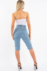 Light Denim Extreme Distressed Longline Shorts - Aaima-Shorts