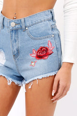 Light Denim Frayed Ripped Applique Shorts - Rayleigh-Shorts