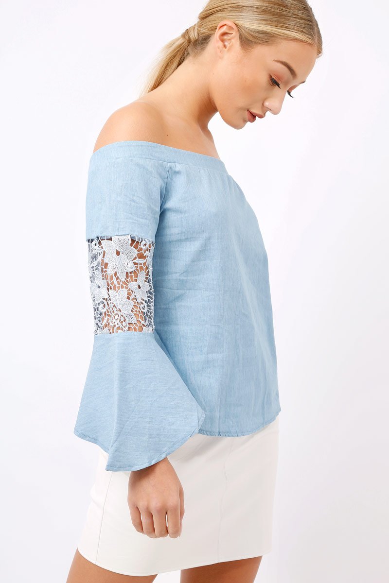 Light Denim Frill Sleeve Crochet Bardot Top - Jayda-Tops