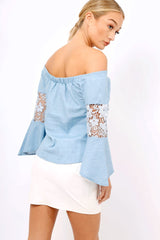 Light Denim Frill Sleeve Crochet Bardot Top - Jayda-Tops
