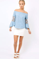 Light Denim Frill Sleeve Crochet Bardot Top - Jayda-Tops