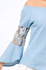 Light Denim Frill Sleeve Crochet Bardot Top - Jayda-Tops