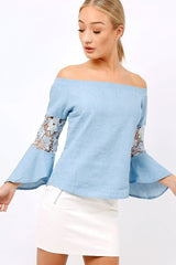Light Denim Frill Sleeve Crochet Bardot Top - Jayda-Tops