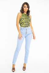 Light Denim High Waist Frilled Hem Paperbag Jeans - Cataleyah-Jeans