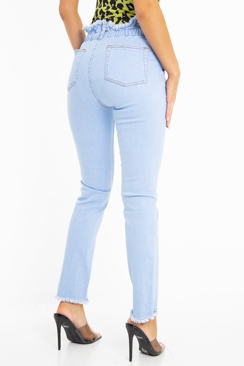 Light Denim High Waist Frilled Hem Paperbag Jeans - Cataleyah-Jeans