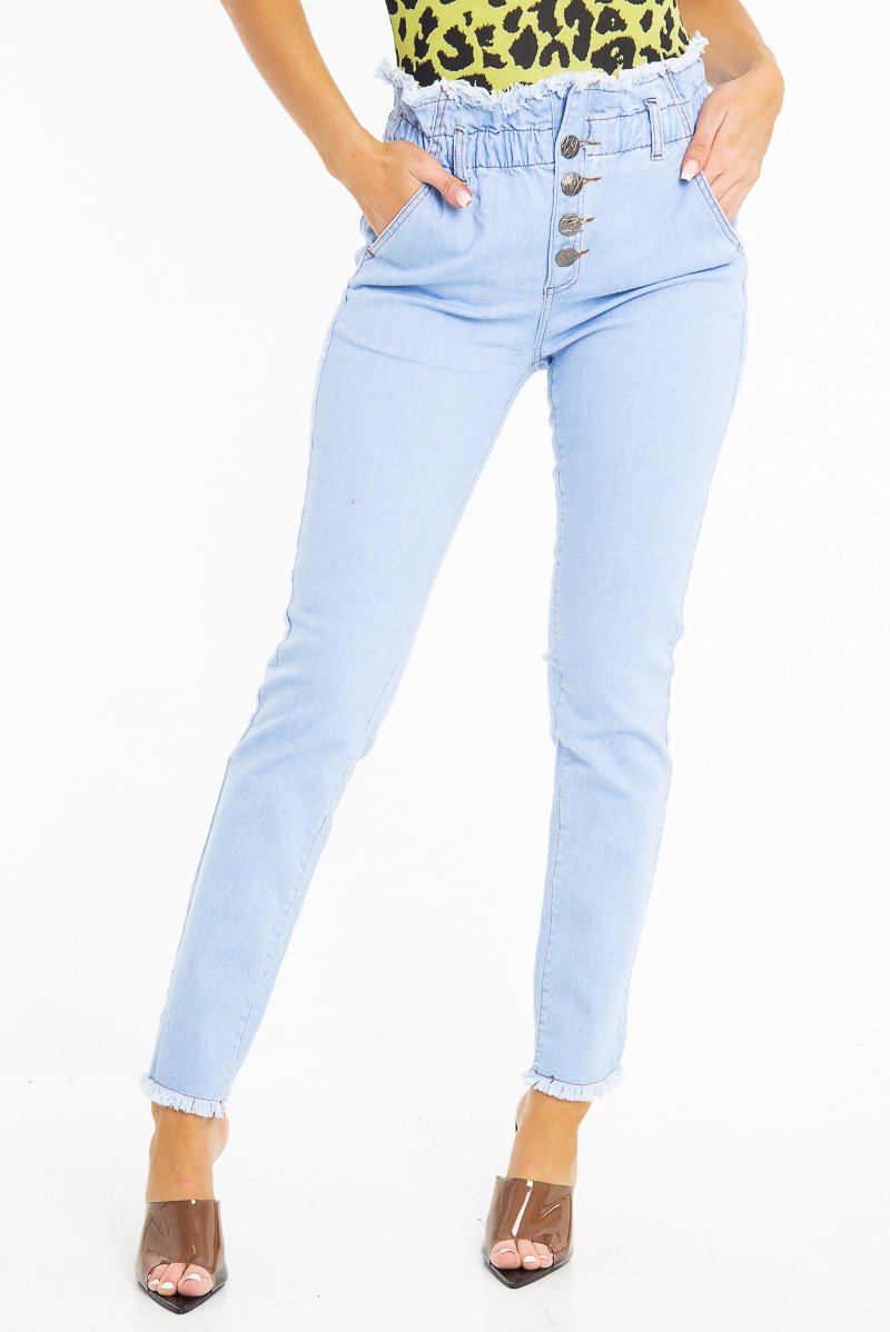 Light Denim High Waist Frilled Hem Paperbag Jeans - Cataleyah-Jeans