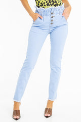Light Denim High Waist Frilled Hem Paperbag Jeans - Cataleyah-Jeans
