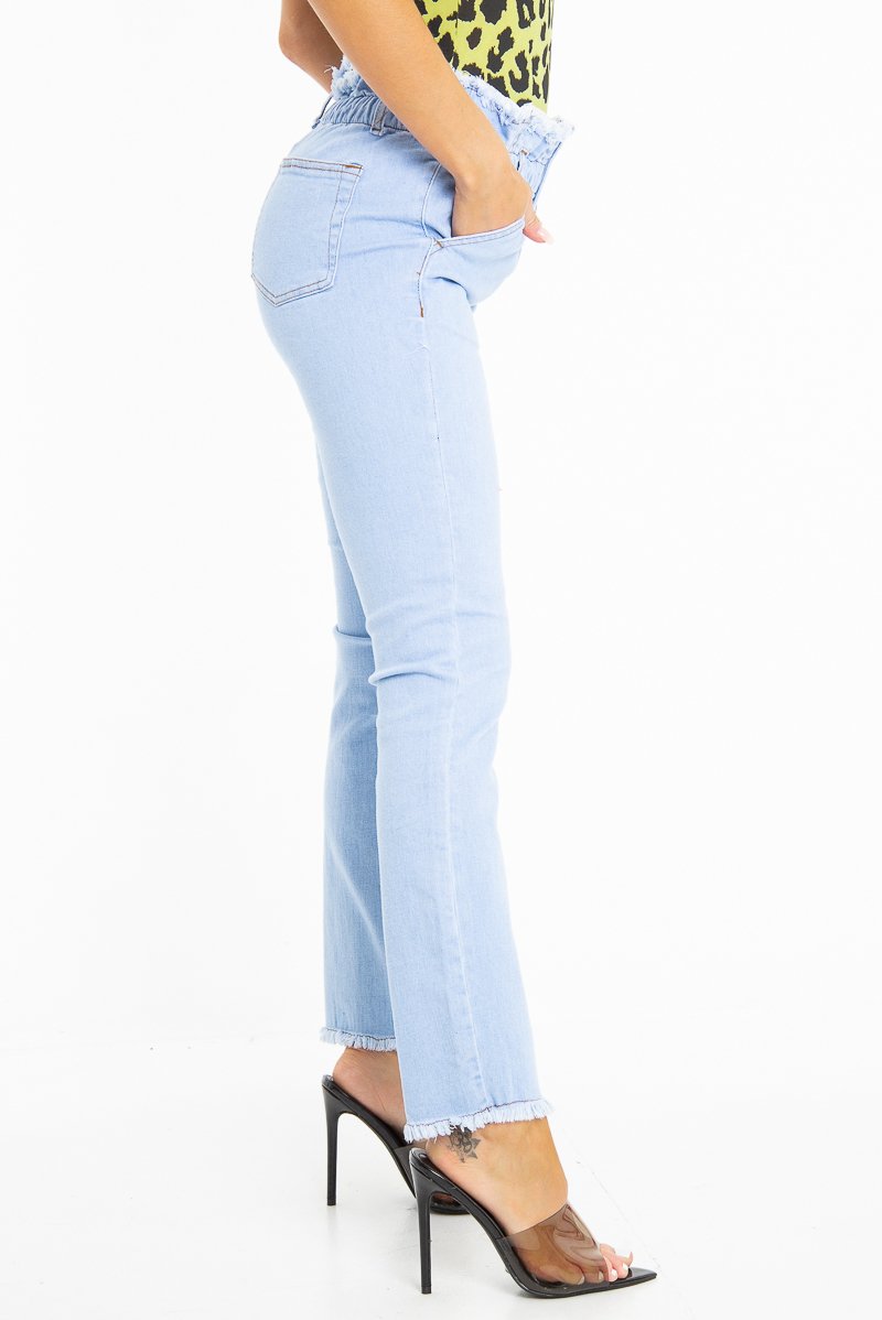 Light Denim High Waist Frilled Hem Paperbag Jeans - Cataleyah-Jeans