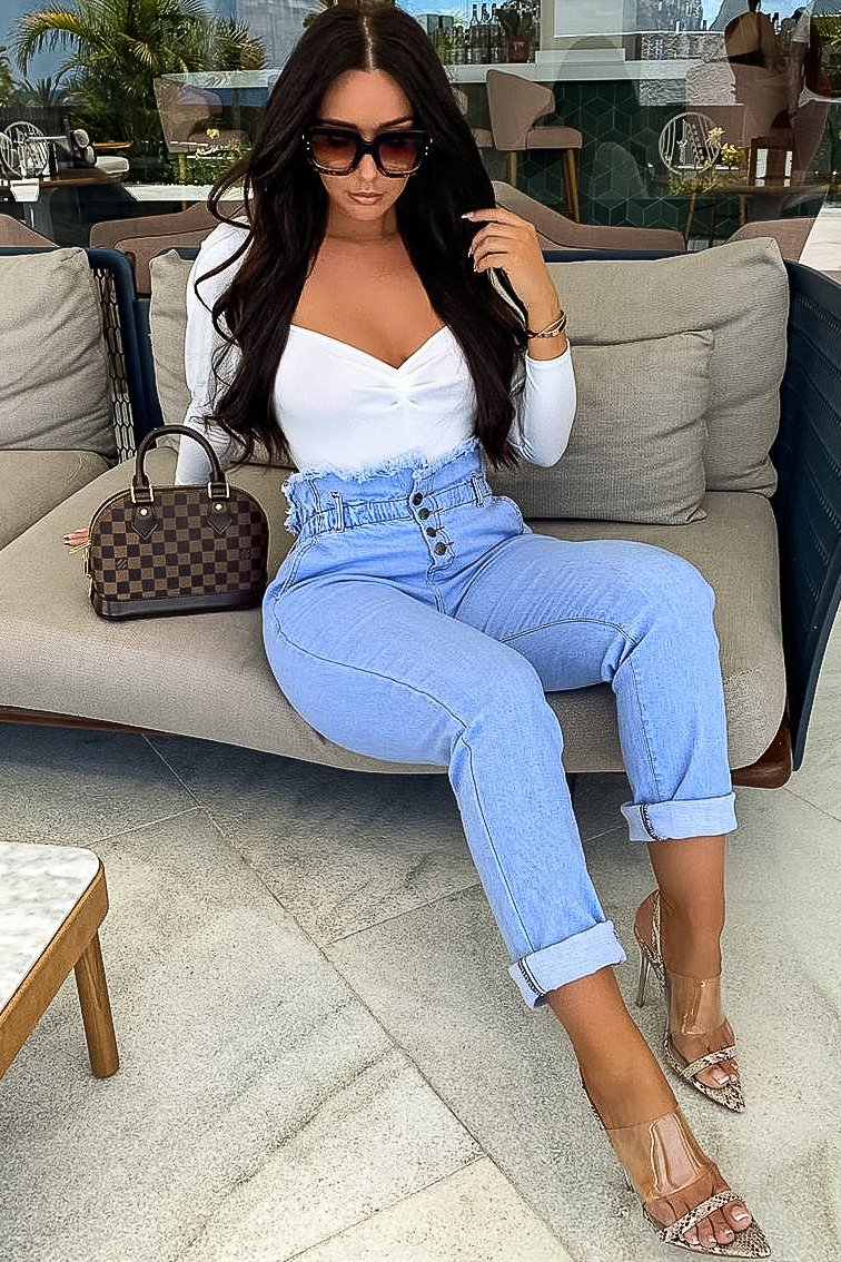 Light Denim High Waist Frilled Hem Paperbag Jeans - Cataleyah-Jeans