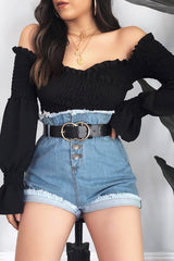 Light Denim High Waist Frilled Hem Paperbag Shorts - Raivyn-Shorts