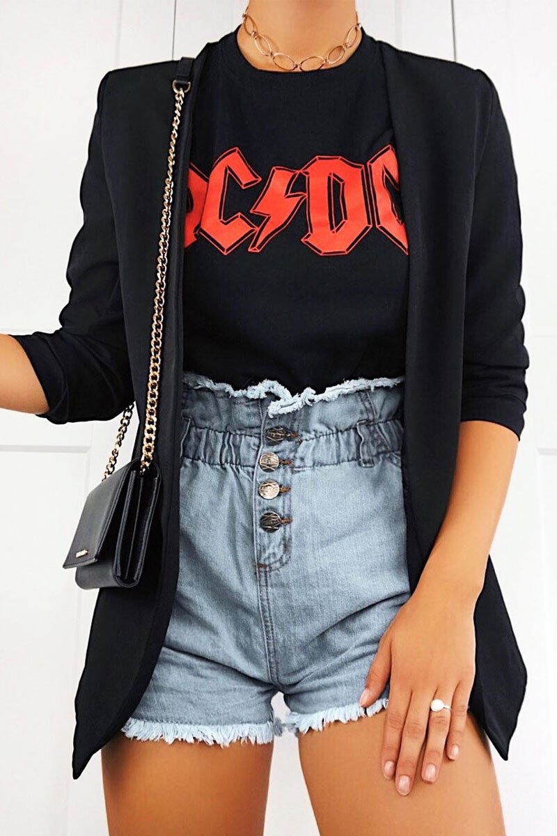 Light Denim High Waist Frilled Hem Paperbag Shorts - Raivyn-Shorts