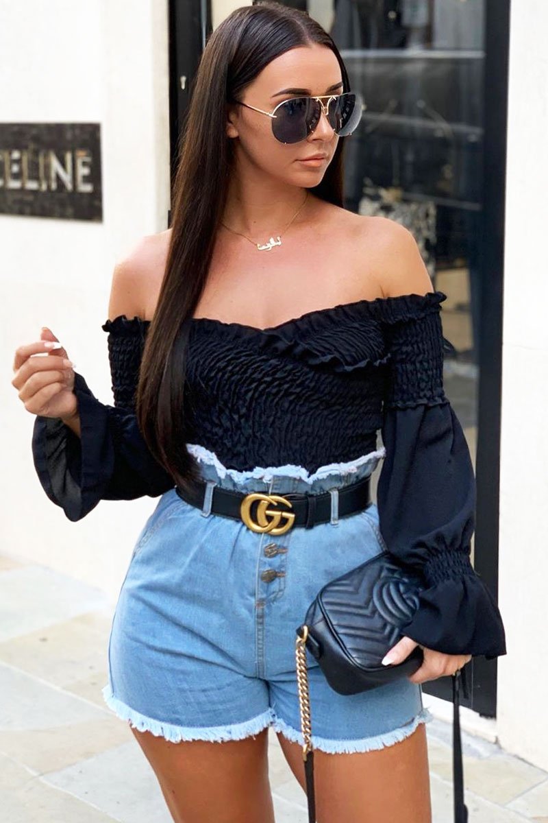 Light Denim High Waist Frilled Hem Paperbag Shorts - Raivyn-Shorts