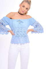 Light Denim Lace Up Crochet Bardot Top - Tessa-Tops
