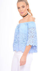 Light Denim Lace Up Crochet Bardot Top - Tessa-Tops