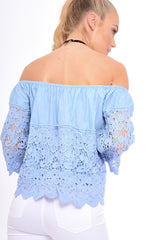 Light Denim Lace Up Crochet Bardot Top - Tessa-Tops