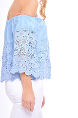 Light Denim Lace Up Crochet Bardot Top - Tessa-Tops