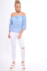 Light Denim Lace Up Crochet Bardot Top - Tessa-Tops