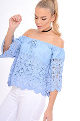 Light Denim Lace Up Crochet Bardot Top - Tessa-Tops