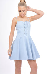 Light Denim Lace Up Strappy Skater Dress - Xanthe-Dresses