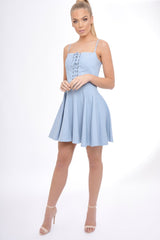 Light Denim Lace Up Strappy Skater Dress - Xanthe-Dresses