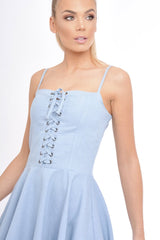 Light Denim Lace Up Strappy Skater Dress - Xanthe-Dresses