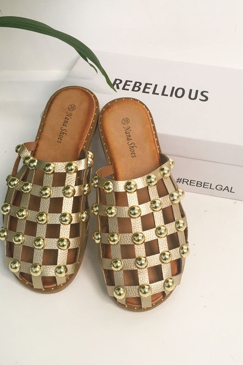 Light Gold Caged Studded Backless Sandal - Bryla-Shoes