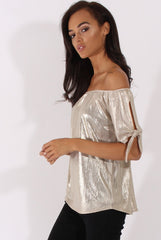 Light Gold Metallic Bardot Cold Shoulder Top - Aiko-Tops