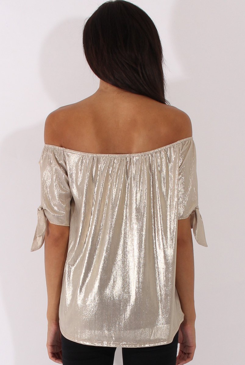 Light Gold Metallic Bardot Cold Shoulder Top - Aiko-Tops