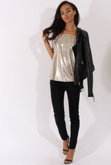 Light Gold Metallic Bardot Cold Shoulder Top - Aiko-Tops