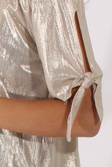 Light Gold Metallic Bardot Cold Shoulder Top - Aiko-Tops