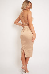 Light Gold Satin Cowl Neck Midi Bodycon Dress - Liliana-Dresses