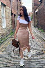 Light Gold Satin Cowl Neck Midi Bodycon Dress - Liliana-Dresses