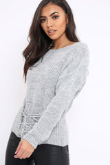 Light Grey Corset Waist Knitted Jumper - Elizabeth-Jumper
