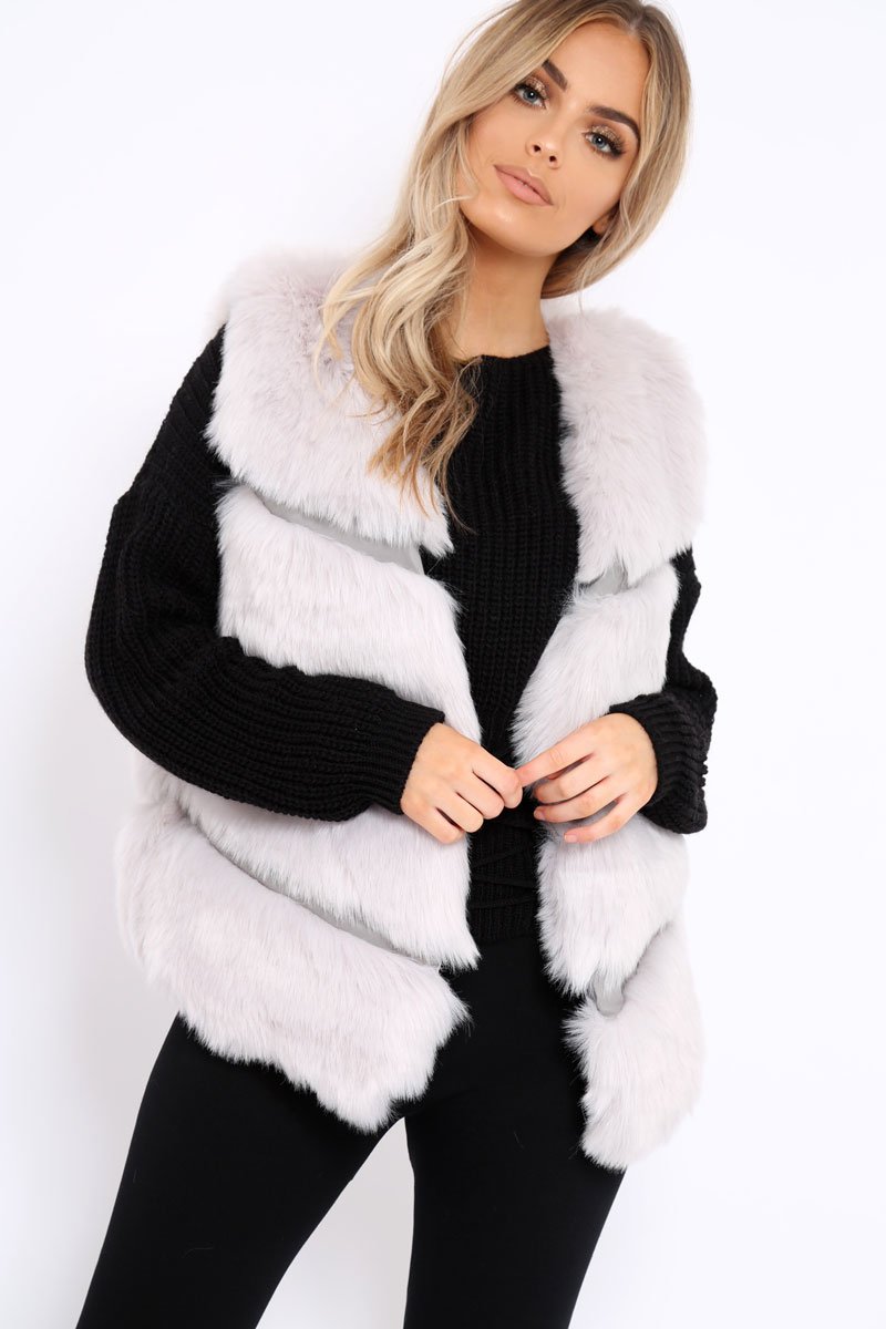 Light Grey Faux leather and Fur Gilet - Felicia-Faux Fur