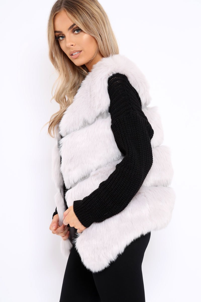 Light Grey Faux leather and Fur Gilet - Felicia-Faux Fur