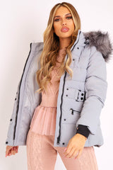 Light Grey Fur Trim Adjustable Waist Puffer Coat - Rossie-Coats