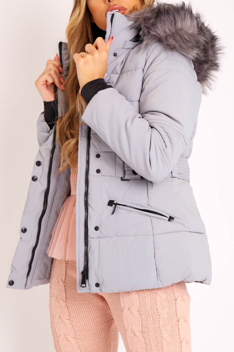 Light Grey Fur Trim Adjustable Waist Puffer Coat - Rossie-Coats