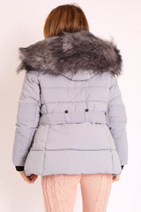 Light Grey Fur Trim Adjustable Waist Puffer Coat - Rossie-Coats
