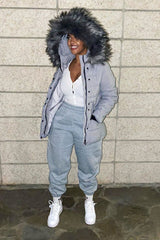 Light Grey Fur Trim Adjustable Waist Puffer Coat - Rossie-Coats