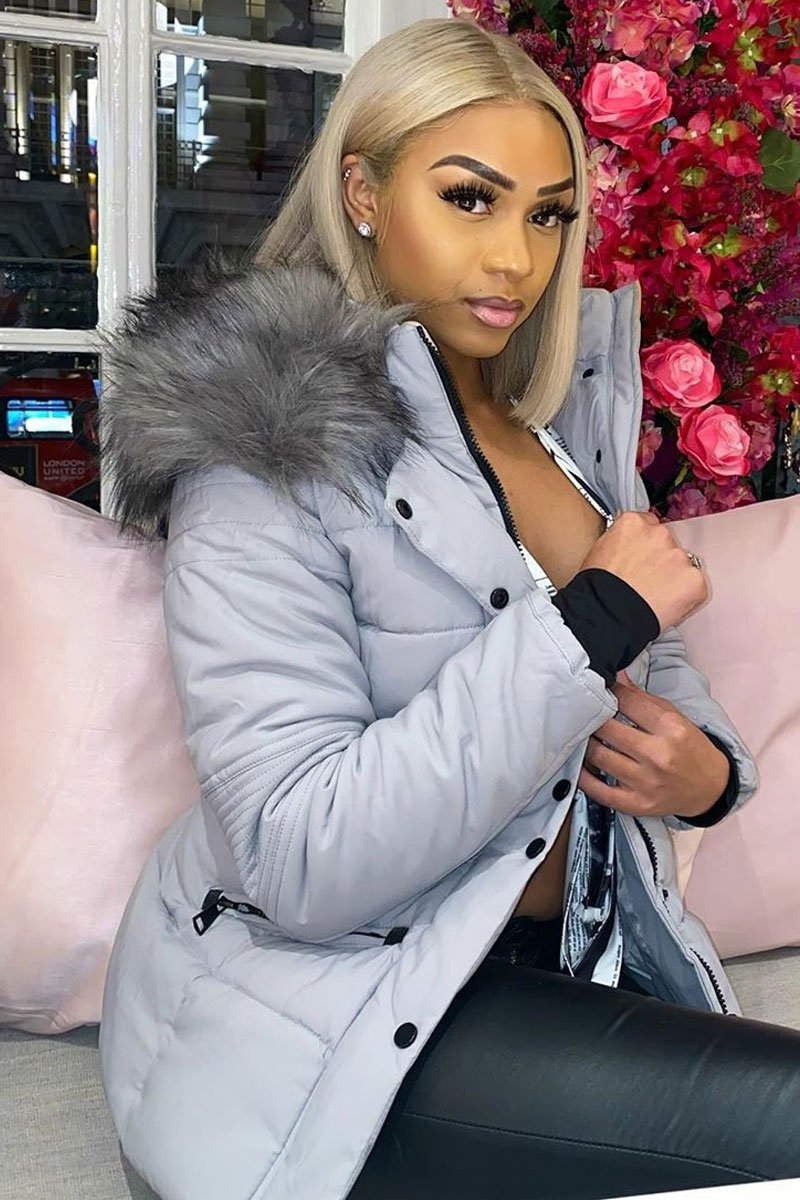 Light Grey Fur Trim Adjustable Waist Puffer Coat - Rossie-Coats