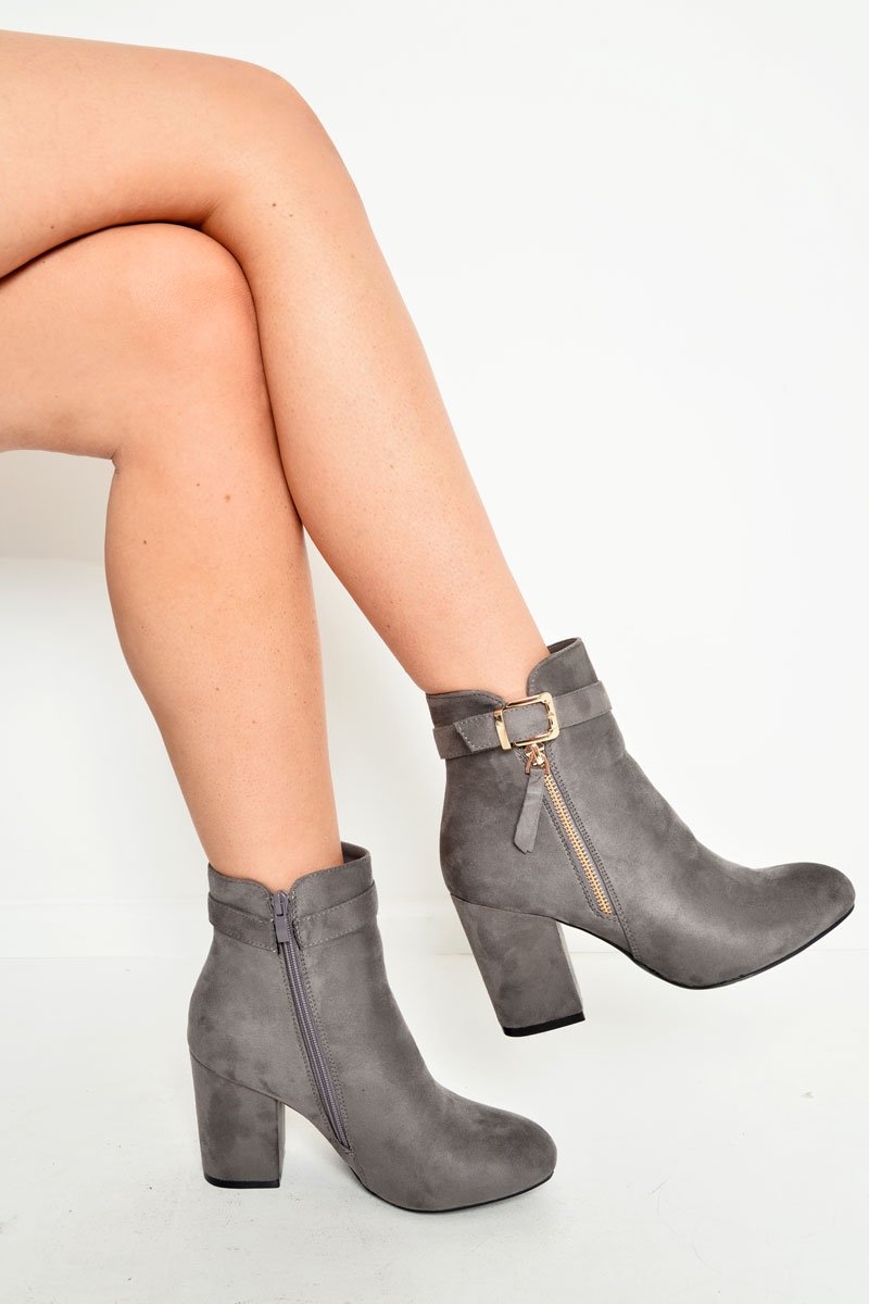 Light Grey Heeled Ankle Boots With Gold Detail - Aamiya-Boots